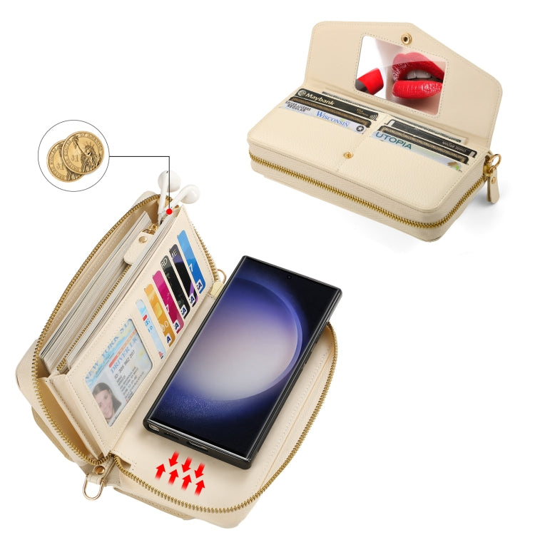For Samsung Galaxy S23 5G Crossbody Multi-functional Zipper Wallet Litchi Leather Phone Case(Beige) - Galaxy S23 5G Cases by buy2fix | Online Shopping UK | buy2fix