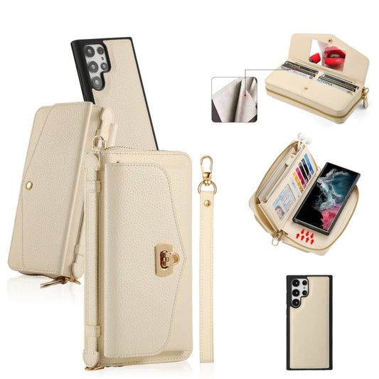 For Samsung Galaxy S22 Ultra 5G Crossbody Multi-functional Zipper Wallet Litchi Leather Phone Case(Beige) - Galaxy S22 Ultra 5G Cases by buy2fix | Online Shopping UK | buy2fix