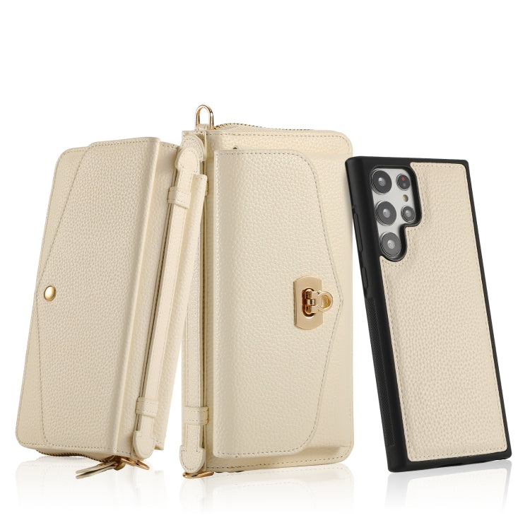 For Samsung Galaxy S22 Ultra 5G Crossbody Multi-functional Zipper Wallet Litchi Leather Phone Case(Beige) - Galaxy S22 Ultra 5G Cases by buy2fix | Online Shopping UK | buy2fix