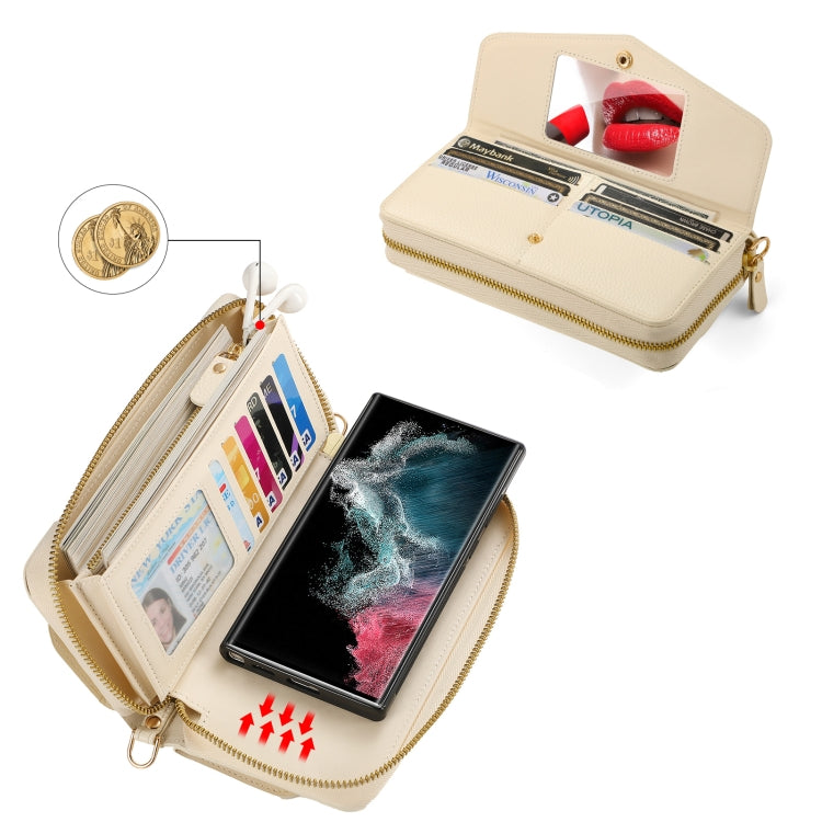 For Samsung Galaxy S22 5G Crossbody Multi-functional Zipper Wallet Litchi Leather Phone Case(Beige) - Galaxy S22 5G Cases by buy2fix | Online Shopping UK | buy2fix