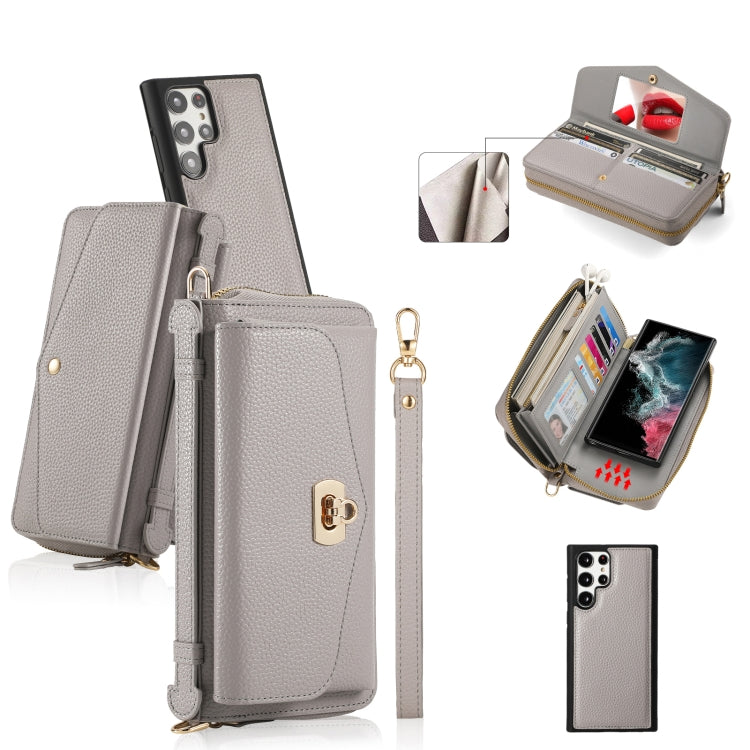 For Samsung Galaxy S22 5G Crossbody Multi-functional Zipper Wallet Litchi Leather Phone Case(Grey) - Galaxy S22 5G Cases by buy2fix | Online Shopping UK | buy2fix