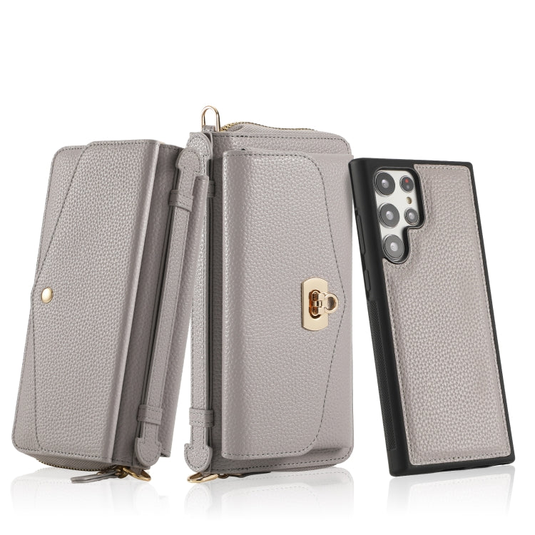 For Samsung Galaxy S22 5G Crossbody Multi-functional Zipper Wallet Litchi Leather Phone Case(Grey) - Galaxy S22 5G Cases by buy2fix | Online Shopping UK | buy2fix