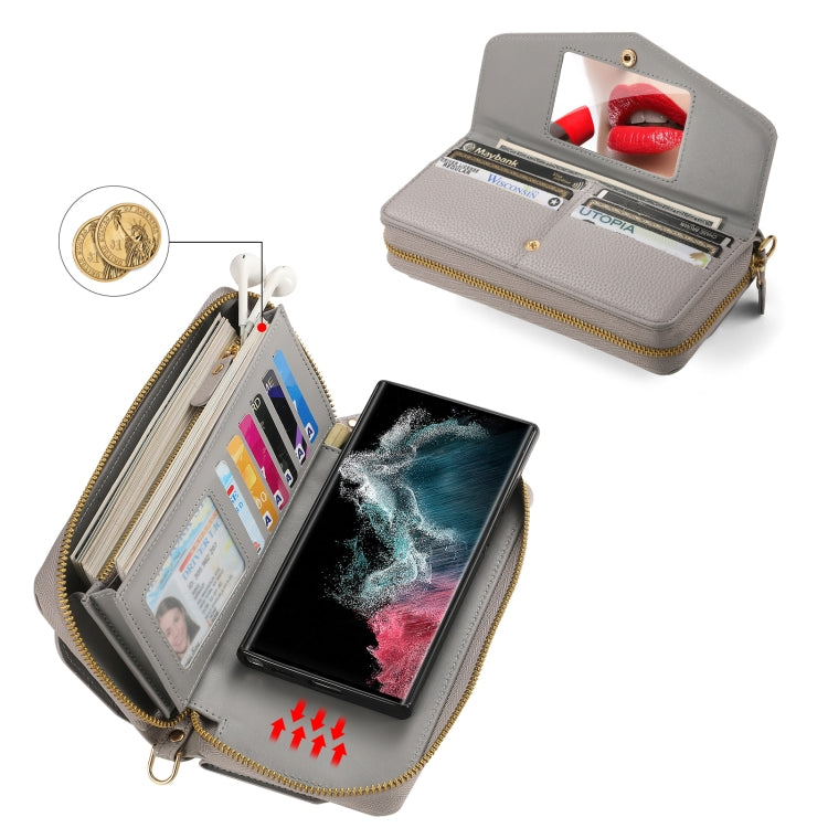 For Samsung Galaxy S22 5G Crossbody Multi-functional Zipper Wallet Litchi Leather Phone Case(Grey) - Galaxy S22 5G Cases by buy2fix | Online Shopping UK | buy2fix