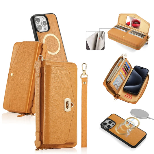 For iPhone 15 Pro Max MagSafe Crossbody Multi-functional Zipper Wallet Litchi Leather Phone Case(Orange) - iPhone 15 Pro Max Cases by buy2fix | Online Shopping UK | buy2fix