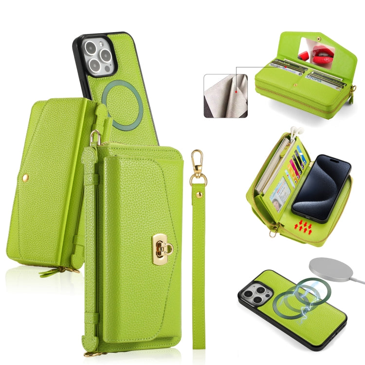 For iPhone 15 Pro Max MagSafe Crossbody Multi-functional Zipper Wallet Litchi Leather Phone Case(Green) - iPhone 15 Pro Max Cases by buy2fix | Online Shopping UK | buy2fix