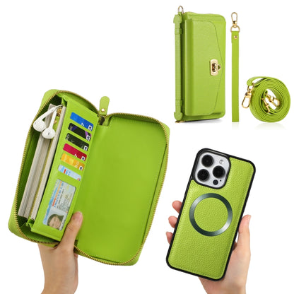 For iPhone 15 Pro Max MagSafe Crossbody Multi-functional Zipper Wallet Litchi Leather Phone Case(Green) - iPhone 15 Pro Max Cases by buy2fix | Online Shopping UK | buy2fix