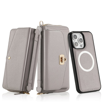 For iPhone 15 Pro Max MagSafe Crossbody Multi-functional Zipper Wallet Litchi Leather Phone Case(Grey) - iPhone 15 Pro Max Cases by buy2fix | Online Shopping UK | buy2fix
