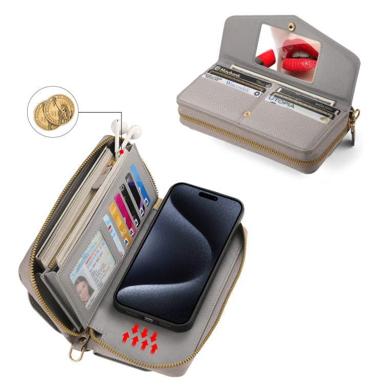 For iPhone 15 Pro Max MagSafe Crossbody Multi-functional Zipper Wallet Litchi Leather Phone Case(Grey) - iPhone 15 Pro Max Cases by buy2fix | Online Shopping UK | buy2fix