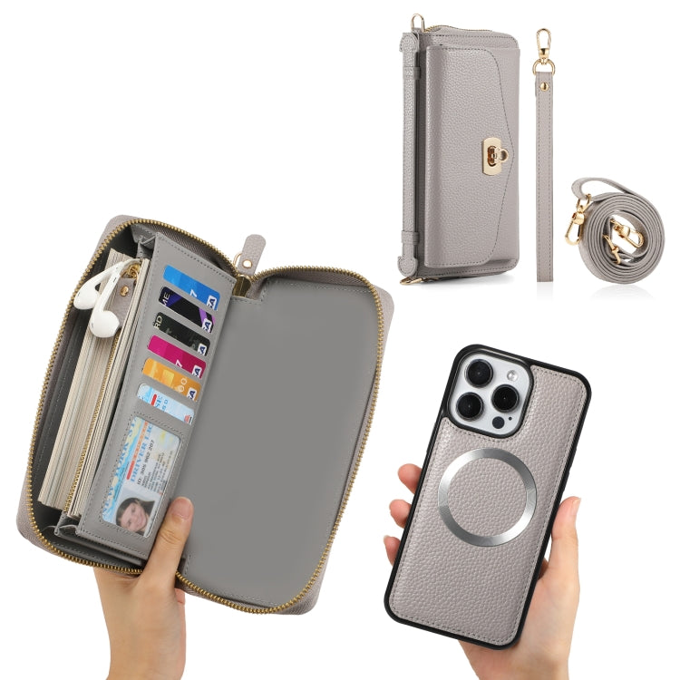 For iPhone 15 Pro Max MagSafe Crossbody Multi-functional Zipper Wallet Litchi Leather Phone Case(Grey) - iPhone 15 Pro Max Cases by buy2fix | Online Shopping UK | buy2fix