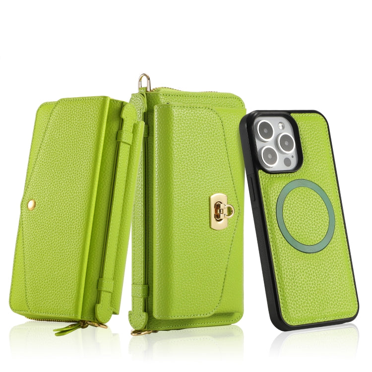 For iPhone 15 Pro MagSafe Crossbody Multi-functional Zipper Wallet Litchi Leather Phone Case(Green) - iPhone 15 Pro Cases by buy2fix | Online Shopping UK | buy2fix