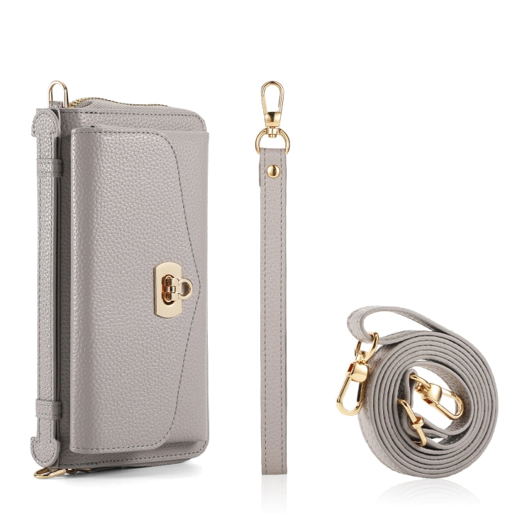 For iPhone 15 Pro MagSafe Crossbody Multi-functional Zipper Wallet Litchi Leather Phone Case(Grey) - iPhone 15 Pro Cases by buy2fix | Online Shopping UK | buy2fix
