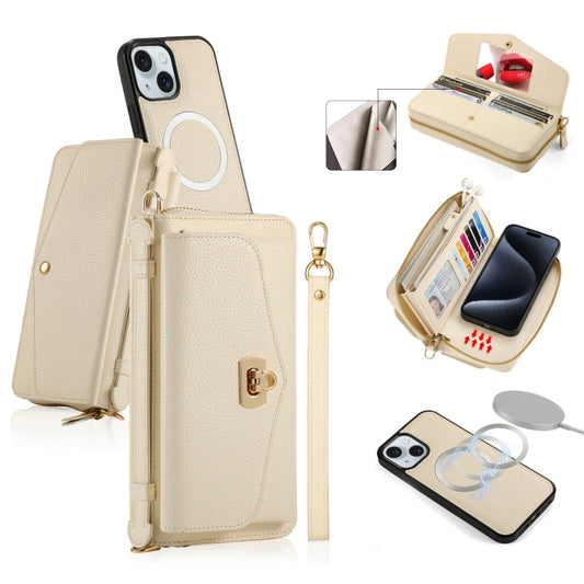 For iPhone 15 Plus MagSafe Crossbody Multi-functional Zipper Wallet Litchi Leather Phone Case(White) - iPhone 15 Plus Cases by buy2fix | Online Shopping UK | buy2fix
