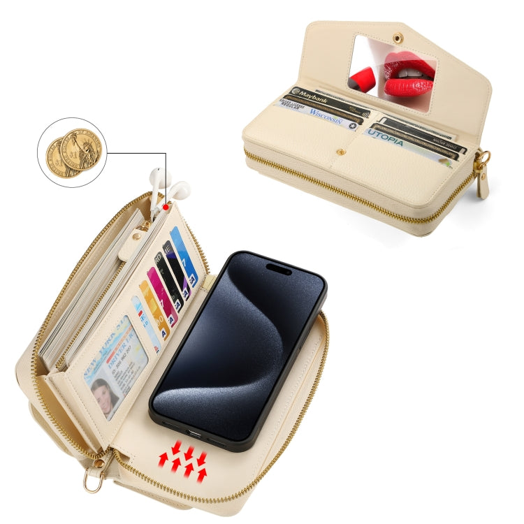 For iPhone 15 Plus MagSafe Crossbody Multi-functional Zipper Wallet Litchi Leather Phone Case(White) - iPhone 15 Plus Cases by buy2fix | Online Shopping UK | buy2fix