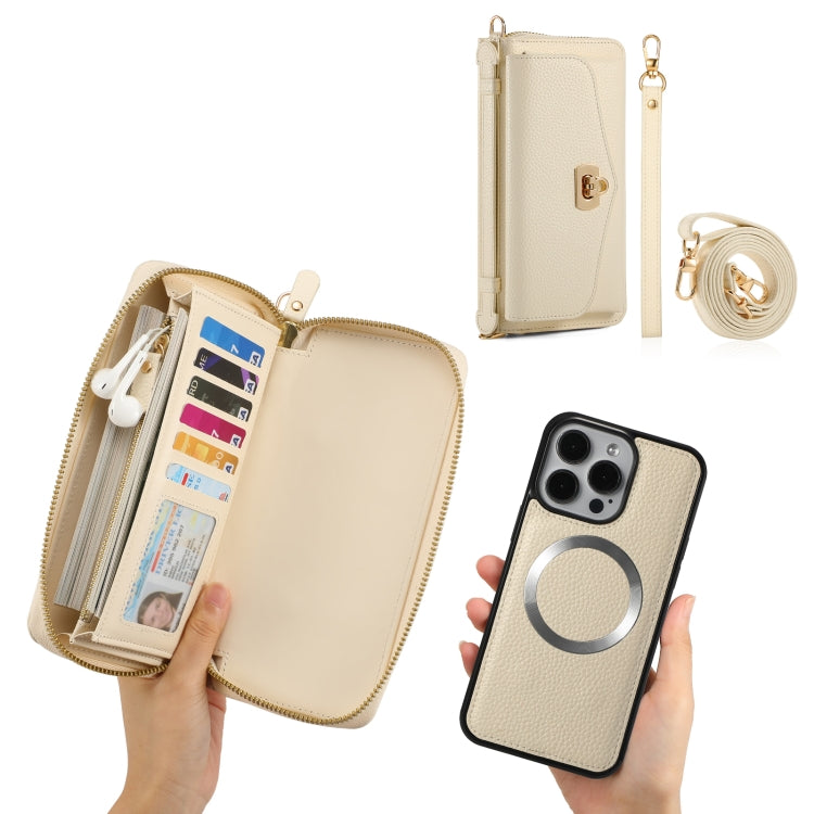 For iPhone 15 Plus MagSafe Crossbody Multi-functional Zipper Wallet Litchi Leather Phone Case(White) - iPhone 15 Plus Cases by buy2fix | Online Shopping UK | buy2fix