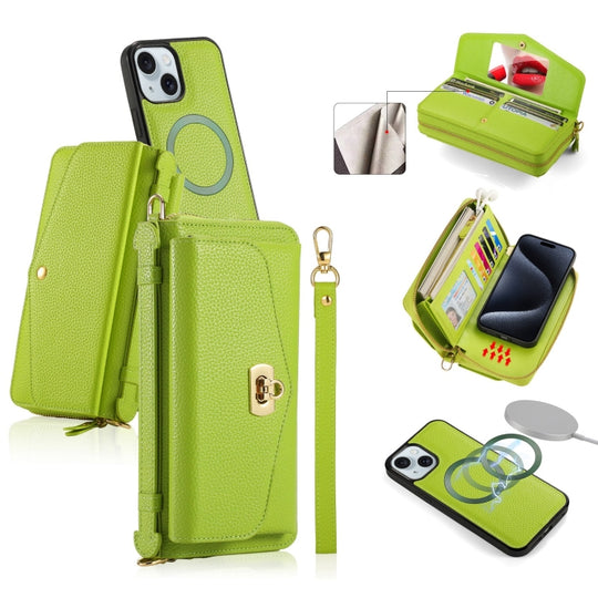 For iPhone 15 Plus MagSafe Crossbody Multi-functional Zipper Wallet Litchi Leather Phone Case(Green)