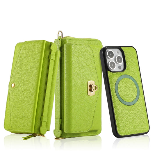For iPhone 15 Plus MagSafe Crossbody Multi-functional Zipper Wallet Litchi Leather Phone Case(Green) by buy2fix