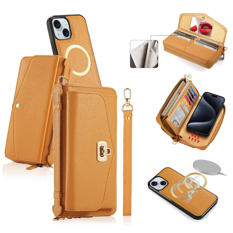 For iPhone 15 MagSafe Crossbody Multi-functional Zipper Wallet Litchi Leather Phone Case(Orange) - iPhone 15 Cases by buy2fix | Online Shopping UK | buy2fix