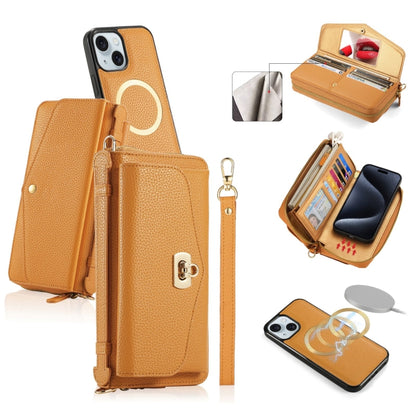 For iPhone 15 MagSafe Crossbody Multi-functional Zipper Wallet Litchi Leather Phone Case(Orange) - iPhone 15 Cases by buy2fix | Online Shopping UK | buy2fix