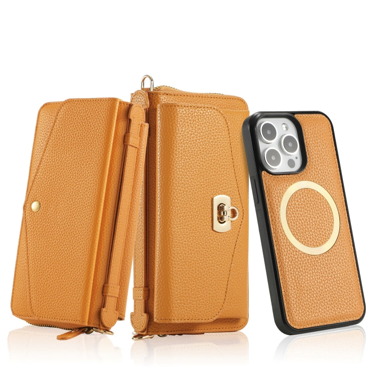For iPhone 15 MagSafe Crossbody Multi-functional Zipper Wallet Litchi Leather Phone Case(Orange) - iPhone 15 Cases by buy2fix | Online Shopping UK | buy2fix