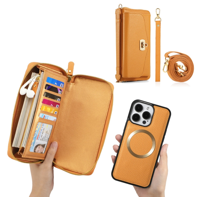 For iPhone 15 MagSafe Crossbody Multi-functional Zipper Wallet Litchi Leather Phone Case(Orange) - iPhone 15 Cases by buy2fix | Online Shopping UK | buy2fix