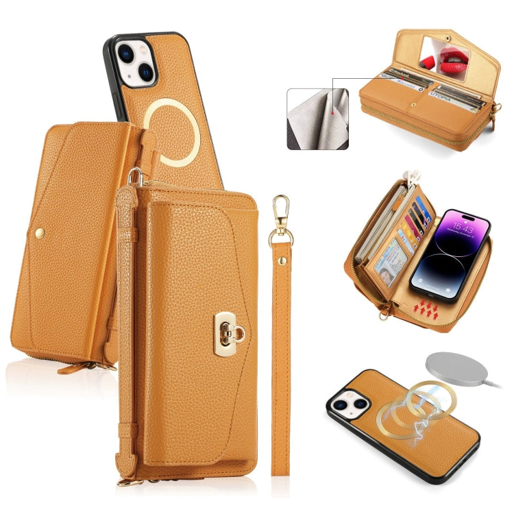 For iPhone 14 Plus MagSafe Crossbody Multi-functional Zipper Wallet Litchi Leather Phone Case(Orange) - iPhone 14 Plus Cases by buy2fix | Online Shopping UK | buy2fix
