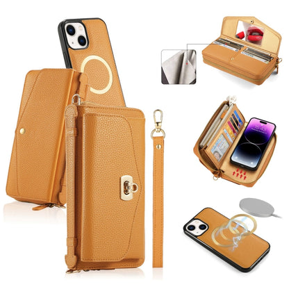 For iPhone 14 Plus MagSafe Crossbody Multi-functional Zipper Wallet Litchi Leather Phone Case(Orange) - iPhone 14 Plus Cases by buy2fix | Online Shopping UK | buy2fix