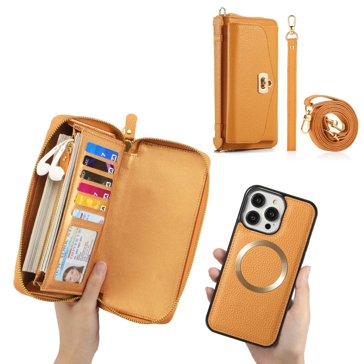 For iPhone 14 Plus MagSafe Crossbody Multi-functional Zipper Wallet Litchi Leather Phone Case(Orange) - iPhone 14 Plus Cases by buy2fix | Online Shopping UK | buy2fix