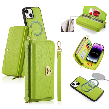 For iPhone 14 Plus MagSafe Crossbody Multi-functional Zipper Wallet Litchi Leather Phone Case(Green) - iPhone 14 Plus Cases by buy2fix | Online Shopping UK | buy2fix