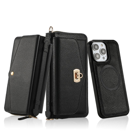 For iPhone 14 Plus MagSafe Crossbody Multi-functional Zipper Wallet Litchi Leather Phone Case(Black) by buy2fix