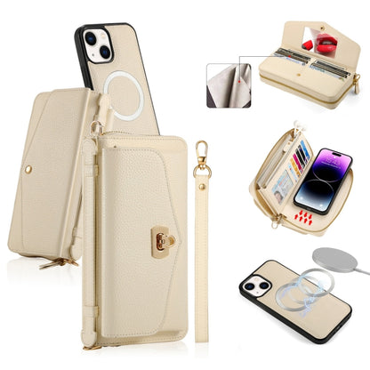 For iPhone 14 MagSafe Crossbody Multi-functional Zipper Wallet Litchi Leather Phone Case(White) - iPhone 14 Cases by buy2fix | Online Shopping UK | buy2fix