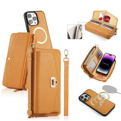 For iPhone 14 Pro MagSafe Crossbody Multi-functional Zipper Wallet Litchi Leather Phone Case(Orange) - iPhone 14 Pro Cases by buy2fix | Online Shopping UK | buy2fix