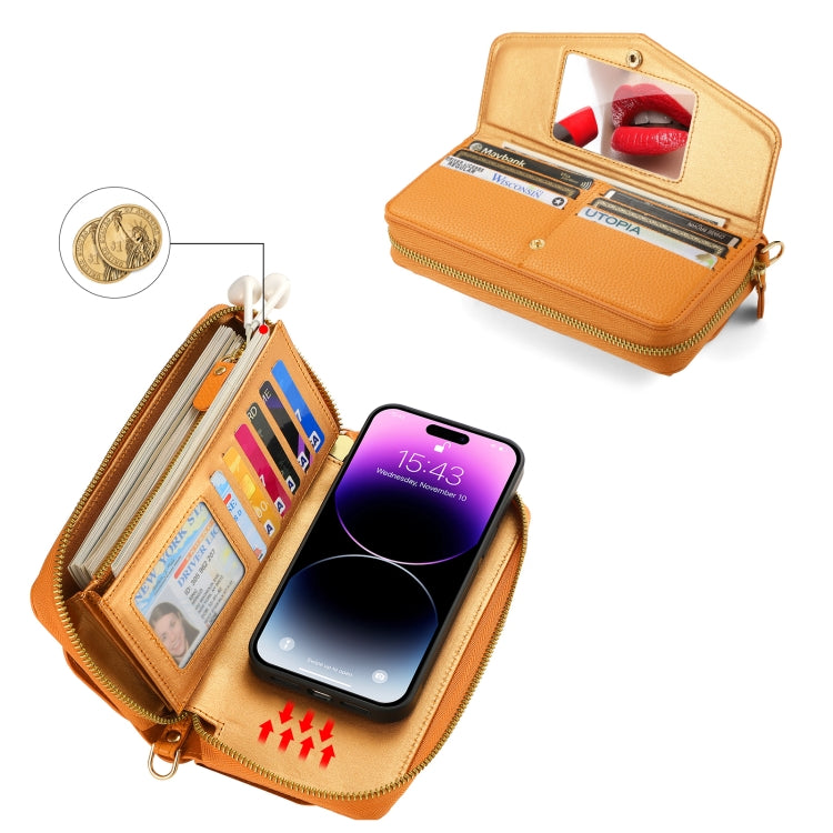 For iPhone 14 Pro MagSafe Crossbody Multi-functional Zipper Wallet Litchi Leather Phone Case(Orange) - iPhone 14 Pro Cases by buy2fix | Online Shopping UK | buy2fix