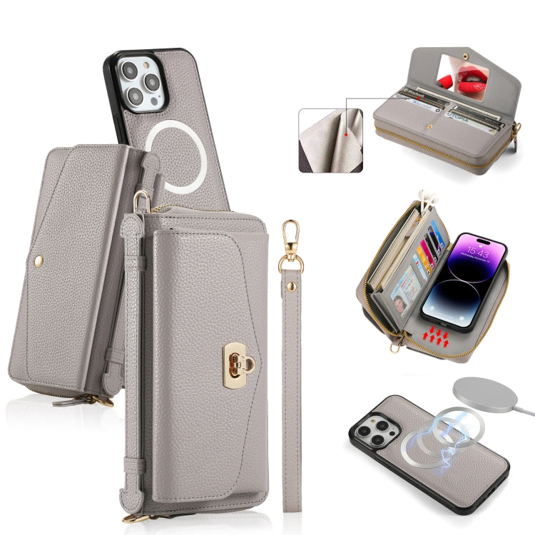 For iPhone 14 Pro MagSafe Crossbody Multi-functional Zipper Wallet Litchi Leather Phone Case(Grey) - iPhone 14 Pro Cases by buy2fix | Online Shopping UK | buy2fix