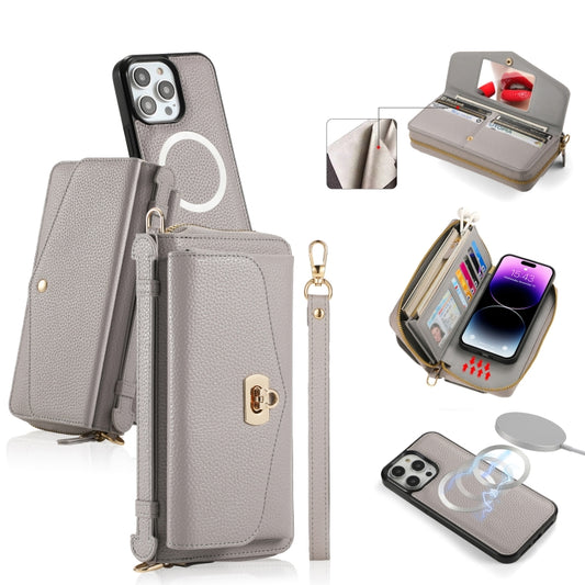 For iPhone 14 Pro MagSafe Crossbody Multi-functional Zipper Wallet Litchi Leather Phone Case(Grey) - iPhone 14 Pro Cases by buy2fix | Online Shopping UK | buy2fix