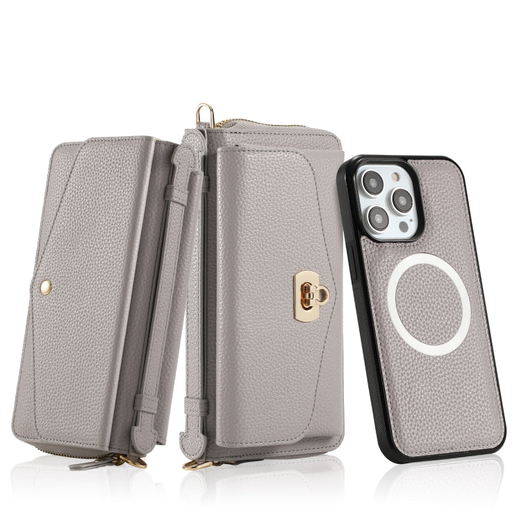 For iPhone 14 Pro MagSafe Crossbody Multi-functional Zipper Wallet Litchi Leather Phone Case(Grey) - iPhone 14 Pro Cases by buy2fix | Online Shopping UK | buy2fix