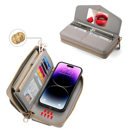 For iPhone 14 Pro MagSafe Crossbody Multi-functional Zipper Wallet Litchi Leather Phone Case(Grey) - iPhone 14 Pro Cases by buy2fix | Online Shopping UK | buy2fix