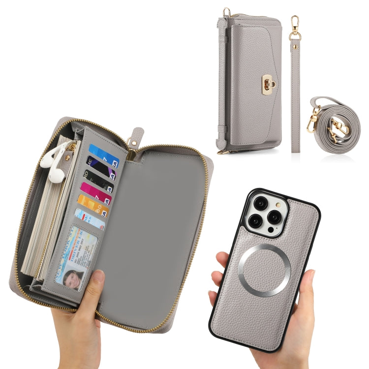 For iPhone 14 Pro Max MagSafe Crossbody Multi-functional Zipper Wallet Litchi Leather Phone Case(Grey) - iPhone 14 Pro Max Cases by buy2fix | Online Shopping UK | buy2fix