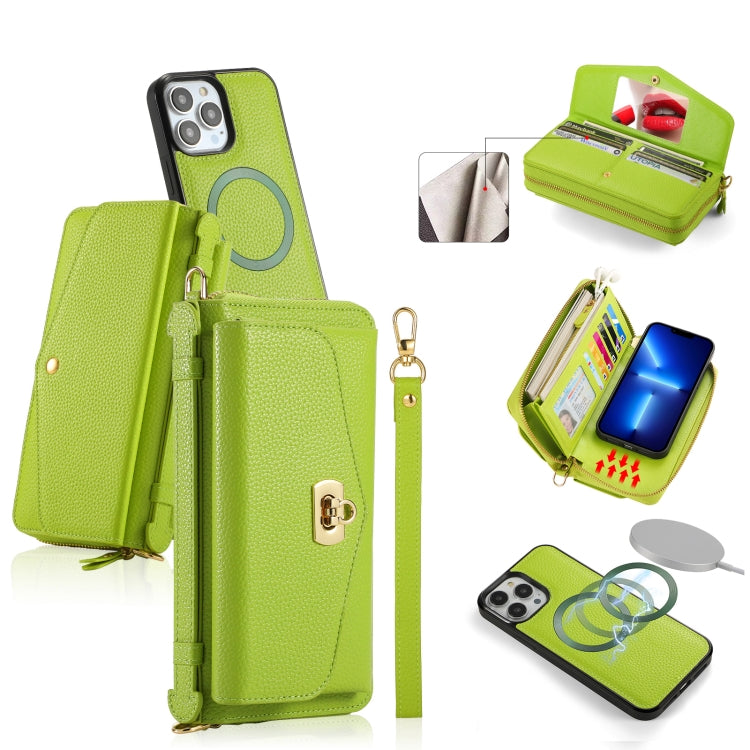 For iPhone 13 Pro Max MagSafe Crossbody Multi-functional Zipper Wallet Litchi Leather Phone Case(Green) - More iPhone Cases by buy2fix | Online Shopping UK | buy2fix