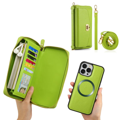 For iPhone 13 Pro Max MagSafe Crossbody Multi-functional Zipper Wallet Litchi Leather Phone Case(Green) - More iPhone Cases by buy2fix | Online Shopping UK | buy2fix