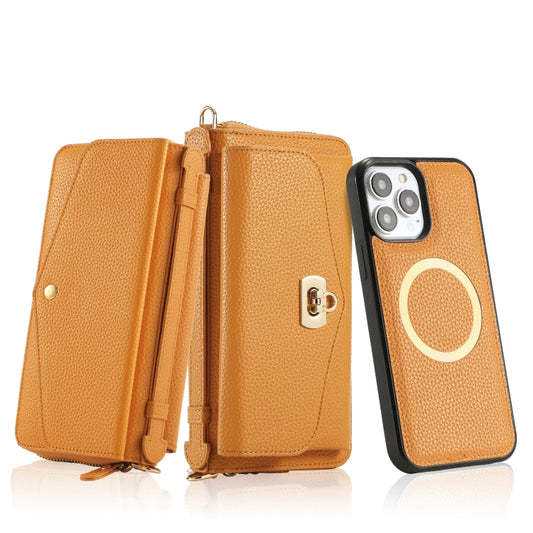 For iPhone 13 Pro MagSafe Crossbody Multi-functional Zipper Wallet Litchi Leather Phone Case(Orange) by buy2fix