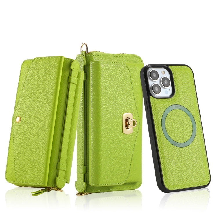 For iPhone 13 Pro MagSafe Crossbody Multi-functional Zipper Wallet Litchi Leather Phone Case(Green) - iPhone 13 Pro Cases by buy2fix | Online Shopping UK | buy2fix