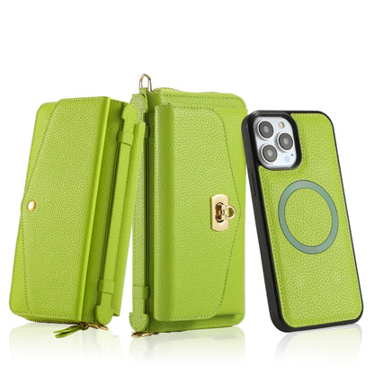 For iPhone 13 Pro MagSafe Crossbody Multi-functional Zipper Wallet Litchi Leather Phone Case(Green) - iPhone 13 Pro Cases by buy2fix | Online Shopping UK | buy2fix