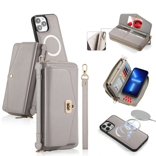 For iPhone 13 Pro MagSafe Crossbody Multi-functional Zipper Wallet Litchi Leather Phone Case(Grey) - iPhone 13 Pro Cases by buy2fix | Online Shopping UK | buy2fix