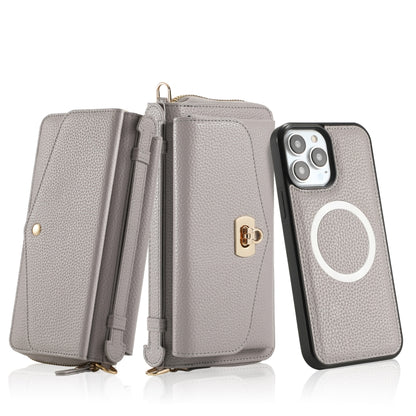For iPhone 13 Pro MagSafe Crossbody Multi-functional Zipper Wallet Litchi Leather Phone Case(Grey) - iPhone 13 Pro Cases by buy2fix | Online Shopping UK | buy2fix