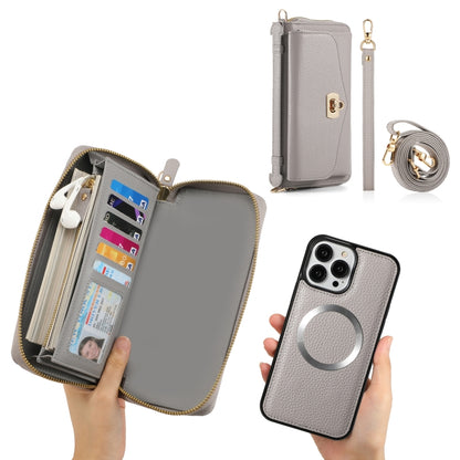 For iPhone 13 Pro MagSafe Crossbody Multi-functional Zipper Wallet Litchi Leather Phone Case(Grey) - iPhone 13 Pro Cases by buy2fix | Online Shopping UK | buy2fix