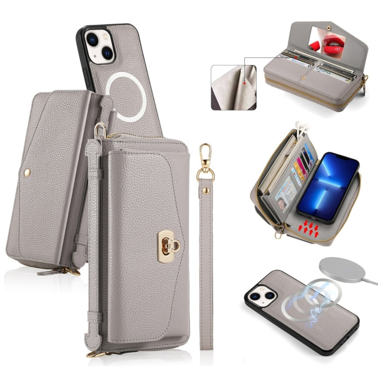 For iPhone 13 MagSafe Crossbody Multi-functional Zipper Wallet Litchi Leather Phone Case(Grey) - iPhone 13 Cases by buy2fix | Online Shopping UK | buy2fix