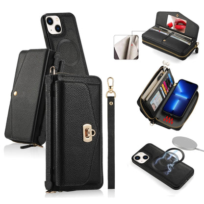 For iPhone 13 MagSafe Crossbody Multi-functional Zipper Wallet Litchi Leather Phone Case(Black) - iPhone 13 Cases by buy2fix | Online Shopping UK | buy2fix