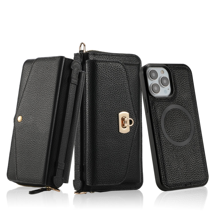 For iPhone 13 MagSafe Crossbody Multi-functional Zipper Wallet Litchi Leather Phone Case(Black) - iPhone 13 Cases by buy2fix | Online Shopping UK | buy2fix