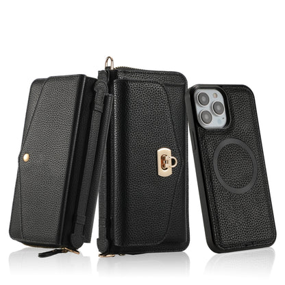 For iPhone 13 MagSafe Crossbody Multi-functional Zipper Wallet Litchi Leather Phone Case(Black) - iPhone 13 Cases by buy2fix | Online Shopping UK | buy2fix