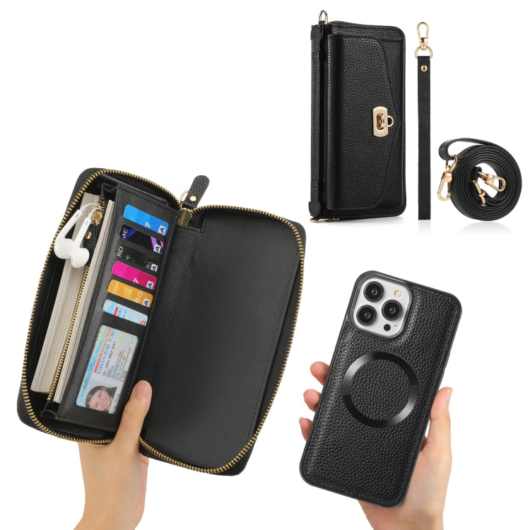 For iPhone 13 MagSafe Crossbody Multi-functional Zipper Wallet Litchi Leather Phone Case(Black) - iPhone 13 Cases by buy2fix | Online Shopping UK | buy2fix